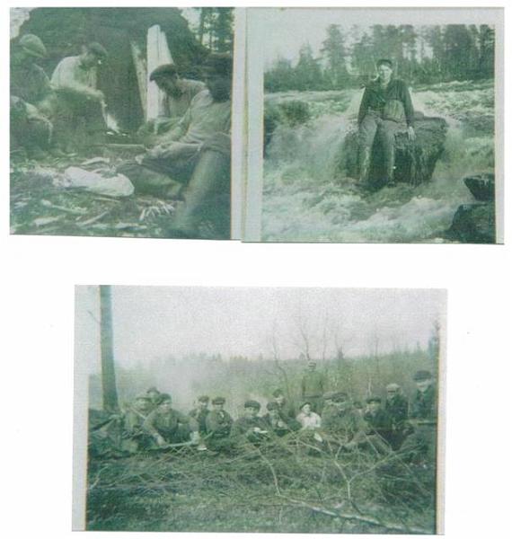image011.jpg -  Lainioborna på skogsarbete efter Saangijoki nära Pakajärvi. Bilden vänster. En koja uppsatt för övernattning. Bild höger. Erik sitter på en sten i Iisokoski, en annan än Erik måste ha tagit bilden. Strax ovan forsen fanns den gamla leden för att dra båten till Pakajärvi några 100 meter. Bilden nere. Lainiofolket samlade för fototillfället och för kafferast Längst vänster Benjamin Jakobsson, 3:e höger från Benjamin Oskar Lantto sedan Johannes Olla. Andra bak Abner Pudas, stående Nils Olofsson ganska nyligen inflyttat till Lainio, till vänster Nils Erik Jakobsson. Sedan bl. a Isak Olla, Manfred Johansson, Henrik Elenius, Emil Fällen, Leonard Elenius. Bilder med Erik bakom kameran omkring 1940.