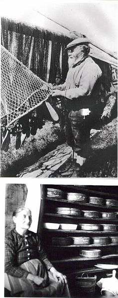 image019.jpg -  Övre bilden Erik Anders Mikko (Erkkinen) 1859-1938. Här ser han över noten i Vaikkojärvi vid fiskestugan där (som finns ännu kvar 2006 i renoverat skick) Erkkinen var född på Mikkogården som låg strax väster skolan och Halldéns hus. Under 1890-talet köpte han halva Ylipäähemmanet, som hade råkat i obestånd, och byggde ny bostad norra delen byn. Bostället började kallas Erkkinen. Erkkinens farfarfar flyttade till Lainio under 1700-talet från Kangosfors (Nykäinensläktet) och var bosatt på nuvarande Heikaplatsen. Hans son kom att anlägga Mikkohemmanet som kom i obestånd 1880-90-talet. Byggnaden finns ej kvar. Erkkinen hade lanthandel på Erkkinengården. Två av sönerna kom att ha lanthandel i Lainio. Erik Anders gifte sig med Sofia Bergström 1866-1939 från Merasjärvi. Sofia kom till Lainio för att vara piga hos sin syster Anna Stina på Ollagården i närheten av Mikkogården. Den nedre bilden visar Sofia sittande i filkammaren i Erkkinen. En filkammare var vanlig förut. Till höger apparaten att kärna smör. Sofias farfar var född i Filipstad och kom först till Masugnbyn för att jobba med malmfyndigheterna där för att sedan bosätta i Merasjärvi och bli jordbrukare när tiderna blev sämre i gruvan i Masugnsbyn. Bildlån Gunnel Martti.