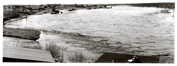image090.jpg -  Fotograferat från ett tak aug. 1957. Här ser man ett större område av byn jämfört bild 89. Forsen är Erkinniva, förut Maunoniva. Hustaket närmast är Fällens sommarhus han byggde början 1940, Fällens uthustak. Längst vänster mitt bildhöjd ligger skolan, (ej synlig) där har landsvägen precis klarat vattnet. Längre fram högt hus vit färg är Vilhelm Eskos, senare Ekvall hus byggt 1942, (där bodde Alfred Kruuka ett tag, sedan Kurt och Gunhild Rova, sedan Erland och Ester Kullebjörk, sedan bodde ägaren Vilhelm Esko (Ekvall) där ett tag, sedan var den tom många år innan Lennart Ericsson köpte och renoverade huset) lägre hus med vit gavel är tvättstugan. Strax bakom tvättstugan finns Erkkohuset som visar lite av taket. Därefter finns landsvägen mot Vittangihållet åt vänster från vägskälet. Längst till vänster efter vägen syns lite av Sigvard Henrikssons hus några år gammal. Nära vägskälet och på vänster sida vägen norrut syns Nikus gamla hus som revs under 1960-talet. Högre upp efter vägen norrut Näkkäläplatsen med Axel Uusitalos hus i vit färg. Efter Axels hus ett hus med vit färg Axels son John Uusitalos nybyggda villa. Till vänster Johns hus Oskar Marttis hus byggt under 1920-talet (ungefär halva huset flyttade Oskar och Ester från Juhogården), till vänster om Oskars hus Hugo Ylipääs nybyggda hus, nedan Hugos hus gamla Tarhagården som är riven nu men Hugo byggde en gaveln i ett nybyggt hus med timret från gamla Marttigården. (det huset byggdes senare. ) Bakom Johns hus syns Johannes Erikssons hus där Johannes hade lanthandel. Till vänster och bakom Levi Zakrissons hus med gaveln hitåt. Längre bak bakom Johannes hus skymtar taket på Vilhelm Erikssons hus där Vilhelm hade lanthandel. Till höger om Vilhelms tak ses ett lågt hus i vit färg vilket är Erkkises och där sonen Viktor bodde då 1957. Framför Erkkises hus syns lite av Zakarias hus och framför den ladugården på Marttigården (bostaden syns inte) Ett vitt hus vid älvstranden på en udde ägs av Johannes Ylipää som av Johannes sattes upp alldeles i början av 1940-talet nära Samuel Eriksson på Pirjonpalo men senare flyttades där den ligger nu. Nedanför Johannes hus en sommarbostad vid älven för Sven. Ännu längre ner med vatten runt om sommarhus åt muraren Helmer Karlsson från Vittangi. Sedan kommer färjeläget helt under vatten, nedan den Kalle Uusitalos sommarhus som är omgärdat med vatten men själva huskroppen har klarar sig. Lite längre ner Erik Uusitalos förrådsbyggnad och sedan Folkets hus precis vid vattenbrynet. (en bil står framför huset) På bilden verkar älven gå rakt framåt men den svänger egentligen svagt vänster. Rakt fram är istället vattenfyllda ängar. I augusti är ängarna slagna och höet i lador. Enstaka hässjor har höet kvar. Många lador är fortfarande kvar, de flesta är borta nu (2006) Alla staket efter vägarna är rivna sedan några år.