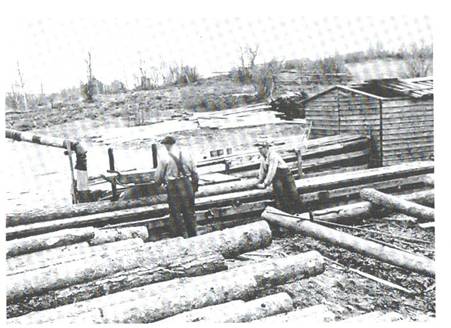 image109.jpg -  Bild från Lainioboken Under 1950-talet hade Erik Uusitalo och Otto Elenius cirkelsåg i Lainio nära Vigrens hus på andra sidan vägen. Erik höger. I närheten har Otto sin sommarbostad. Här var även Lainio fotbollsplan på ängen under 1940-talet. Till höger låg hästdrivna takspånanordningen som var kvar ännu första delen 1940-delen. Användes 1930-talet. Oskar Uusitalos häst var den som drog anordningen. Tidigare hade Viktor Eriksson och Albert Pudas cirkelsåg mitt emot Alberts som senare flyttades nära älven vid Viktors. Bl. a arbetade Alfred Lasu från Vivungi när cirkelsågen stod nära Alberts. Carl Andersson hade ett tag en eldriven såg vid älvstranden nära skolan. Det visade sig att elnätet inte höll för att driva motorerna. Den första cirkelsågen hade Artur Elenius under 1930-talet. 1980-talet hade Kurt Johansson cirkelsåg nära hemgården. Erik hade även lanthandel från 1950-talet till 1990-talet.