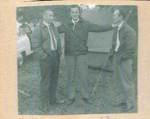 image119.jpg -  Bildlån John Ivar Andersson Tärendöholmen var en populär festplats 1960-talet Här Birger Ericsson 1937-, i mitten Tore Elenius 1940-längst höger Birger Elenius 1932- En bil, SAAB, Birger Ericssons står bredvid uppsatta tältet. Året var 1963 troligen midsommar.