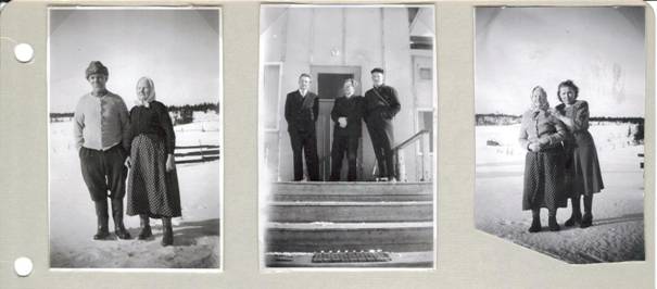 image144.jpg -  Vårvinterbilder början 1950-talet. Från vänster Klemmetis son Isak Fredriksson 1885-1969 med hustrun Maria Olla (Pirtti Maria) 1888-1956 står på gårdsplanen i Feegin Pirtti. De gifte sig 1907. Isaks far, Fredrik Fredriksson (Klemetti) 1845-1932 och hustrun Greta Kajsa Larsdotter Keisari 1847-192x byggde Feegin Pirttigården någon gång 1890-talet. Möjligen är Isak född på Klemogården, Greta Kajsas hemgård. På grund av skulder förlorades Klemogården och familjen fick bygga nytt längst söderut i byn med backstugurätt. Isak övertog gården och i och med giftermålet med Maria blev de hemmansägare. Isaks far var en nåjd med många historier berättade om hans person. Senare byggdes huset om på längden, tvären och höjden. Isaks föräldrar byggde en undantagsstuga nära bostadshuset. I stugan bosatte paret där även Fredrik dog. Mittenbilden. Från vänster några av Isaks och Marias barn på trappan till Feegin Pirti början 1950-talet, från vänster Erik Fredriksson 1915-08-07-1973-02-26 dog i en arbetsplatsolycka på ett bygge i Kiruna. Gifte sig med Aino Karjalainen f. 1921 från Finland. Byggde hus i Lainio, var bosatta i Kiruna när Erik dog. Sedan William Fredriksson, äldst av barnen, 1909-04-07-2005-12-29 bosatte sig i Merasjärvi, Muonioalusta förs. gift med Edna Olsson 1913-1992 från Merasjärvi. De bodde även en kortare tid i Lainio på 1940-talet. Längst höger Gösta 1929-10-08-1953-05-01 dog i en gruvolycka i Kiruna. Hade flyttat till Kiruna några år tidigare. Bild till höger står Maria tillsammans med Marias son Viktors hustru Hilma Tukia 1920-1977 från Finland. Vårvinter början 1950-talet på Feegin Pirttis gårdsplan. Då bodde nog Viktor och Hilma i Kiruna och även Gösta.