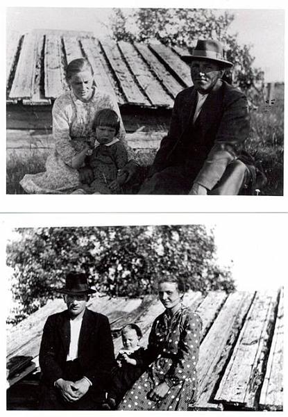 image150.jpg -  Bilder från Saankisaari omkring 1933 vid slåtterkojan där. Överst Vilhelm Eriksson Mikko 1899-1971 med hustrun Hilda Pettersdotter Rova 1900-1992 från Rovagården och dottern Märta f. 1930. Nedre bilden Vilhelms bror Viktor Eriksson Mikko 1905-1966 med hustru Ester Esko 1911-1996, från Heikan Anttusgården, och dotter Ingeborg f. 1932. Bilderna möjligen midsommartid.