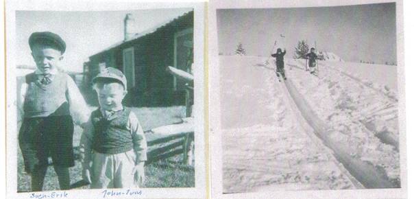 image171.jpg -  Foto Erik Almenäs 1942 (sommarbild) och 1941 vinter Bildlån John Ivar Andersson Vänster Sven Erik och John Ivar f. 1939-03-06 (För John Ivar anges bara Alapää i efternamn 1946 klass 1) Sven Erik skall börja skolan till hösten. Barnen söndagsklädda med vit skjorta och slips. En bit av staket som höll kreaturen bort från åkrarna runt om. Bakom syns föräldrarna Valfrids och Agnes uthusdel. Höger. Barnen har hittat en backe att åka på. Sven Erik och Maj Britt.