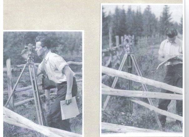 image198.jpg -  Foto Sigurd Elenius1955 Bildlån Kjell och Bertil Elenius Dahlgren utför poligonmätning under laga skifte som var klar 1960. Staketen runt ängarna är kvar några år till. Det här skulle kunna vara vid Sigurds hemgård.
